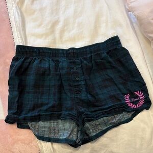 Victoria's Secret Pink Dark Green Plaid Lounge Shorts with Pink Logo